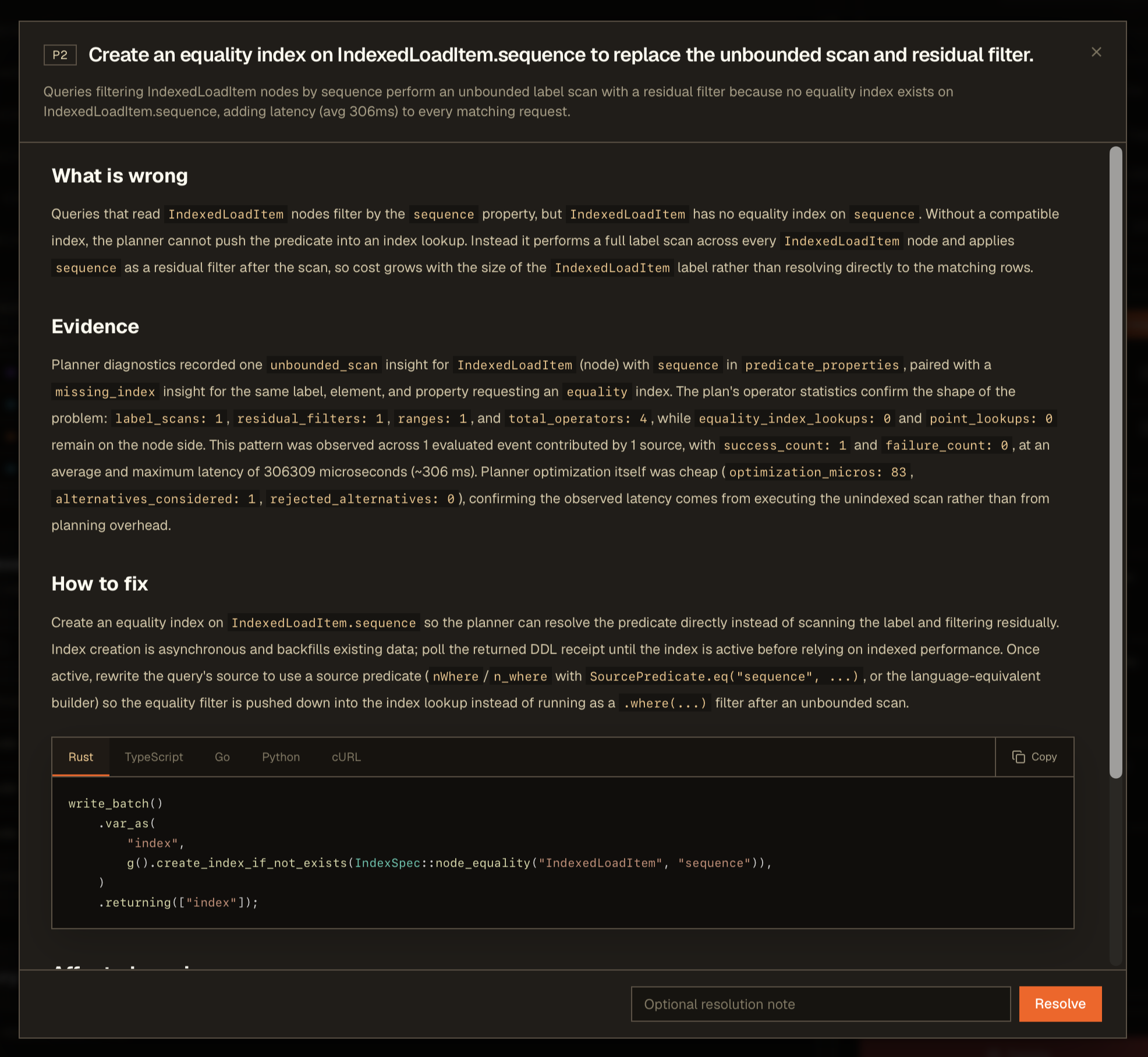 A Helix Query Insights recommendation explaining an unbounded scan and how to add the missing index